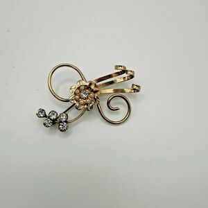 Vintage Gold Tone Rhinestone Faux Pearl Flower Brooch Pin Retro 1950s Scroll